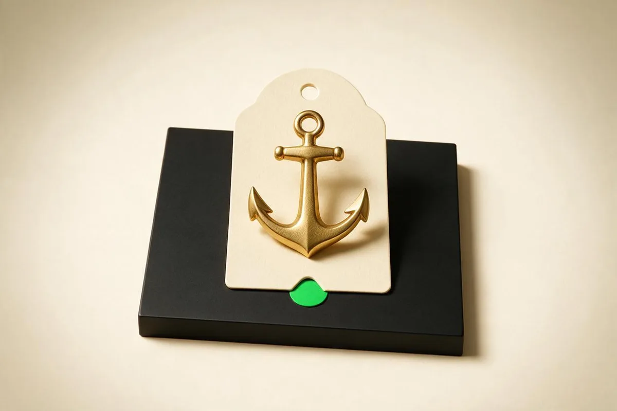 Illustration for "Pricing your first AI product: 12 founder anchors": A brass anchor resting on a cream price-tag-shaped card, on a matte-black slab.