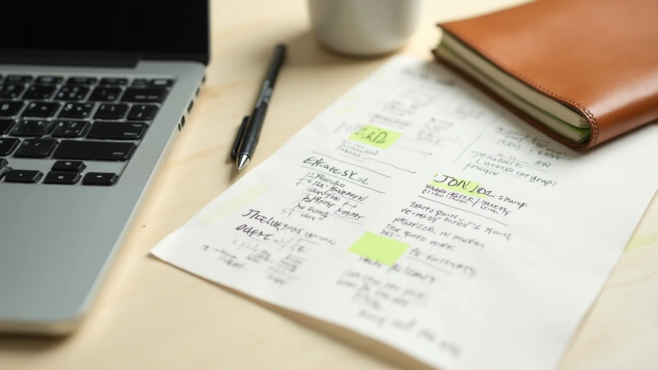 JSON-LD schema code on a laptop screen with handwritten '@graph wiring' notes beside it