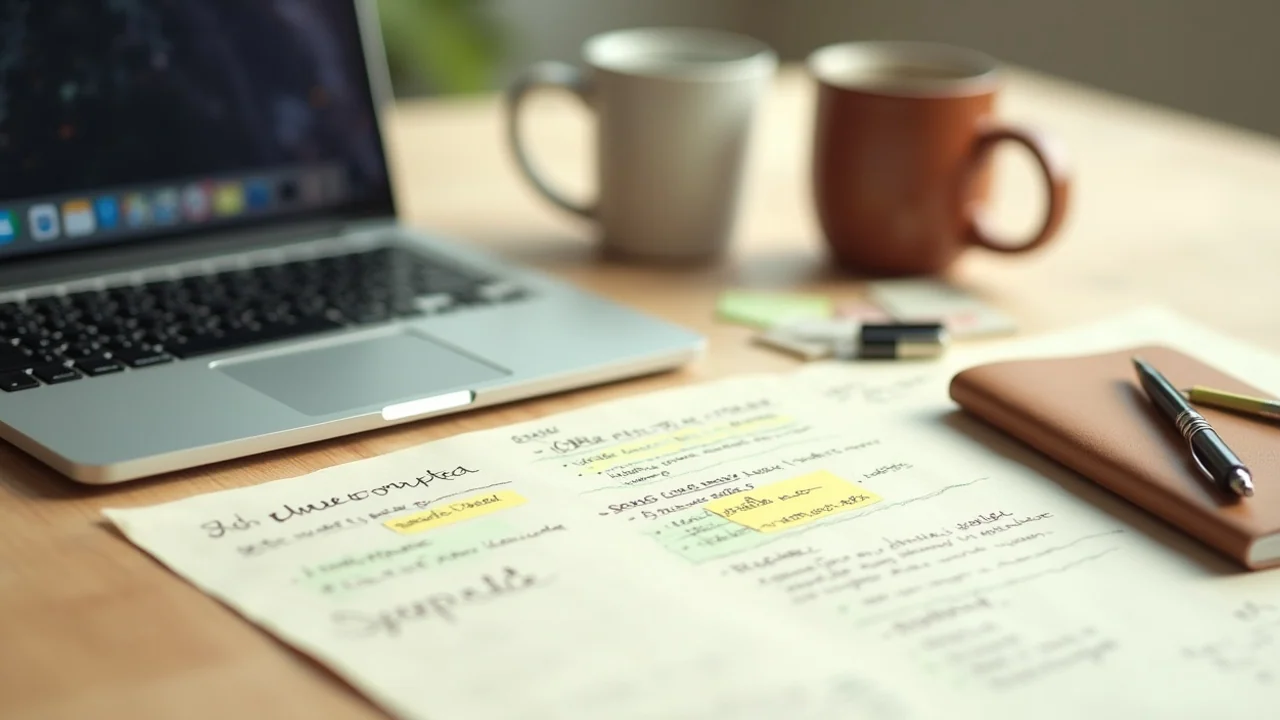 Synaps community Skool screenshot on a laptop with French and English bilingual notes beside a coffee mug