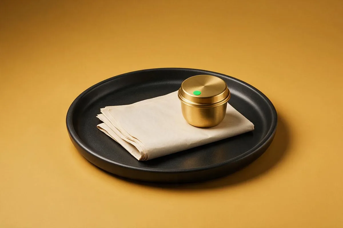 Illustration for "This week in AI for founders: May 1, 2026": A cream newspaper folded on a matte-black tray with a brass coffee cup on it.