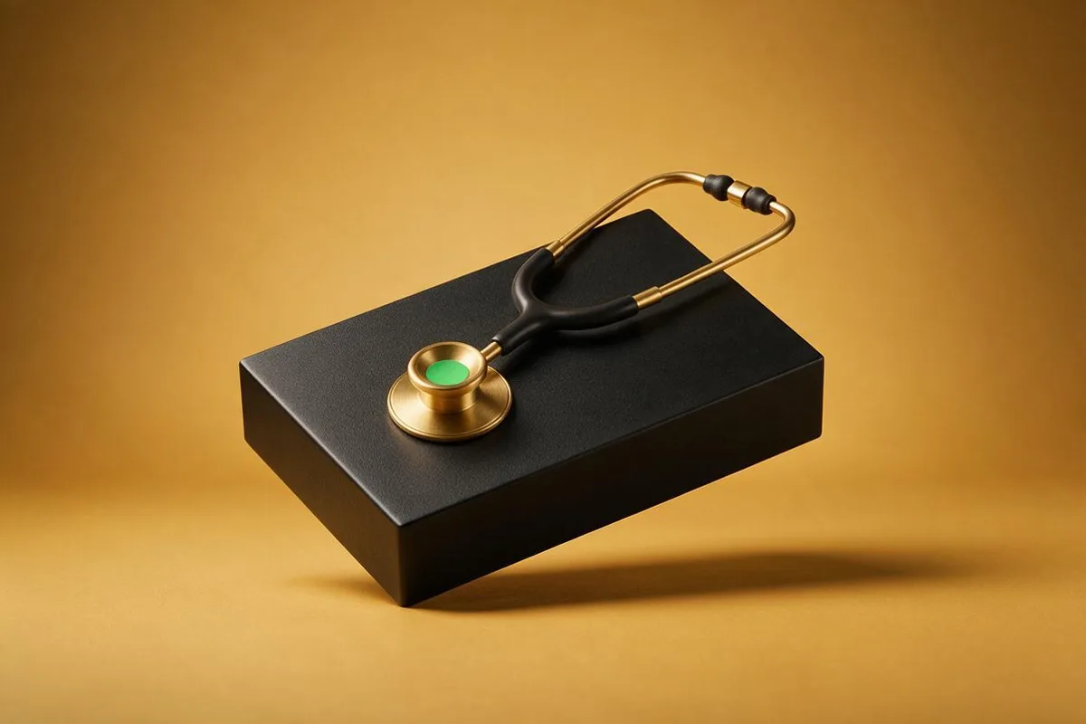 Illustration for "Why Are My Facebook Ads Not Working? a Diagnostic Guide": A matte-black ad-card-shaped block with a brass stethoscope resting on it.