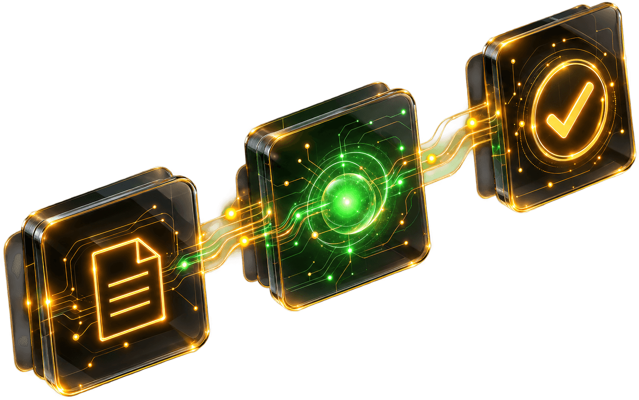 Three floating glass tiles joined by gold light traces: brief, agent with a green core, approval