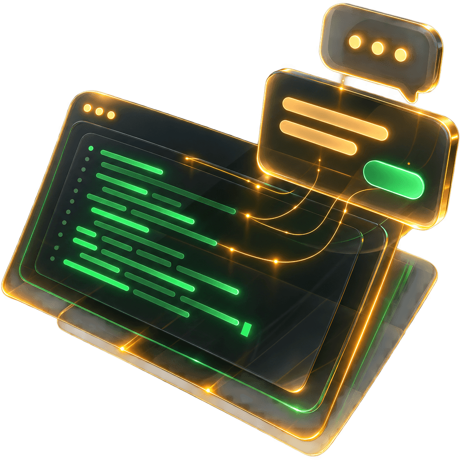 The ChatGPT Ads Launch Kit: a floating dark glass launch console with gold light edges, a terminal of green code lines and a glowing chat card rising out of it