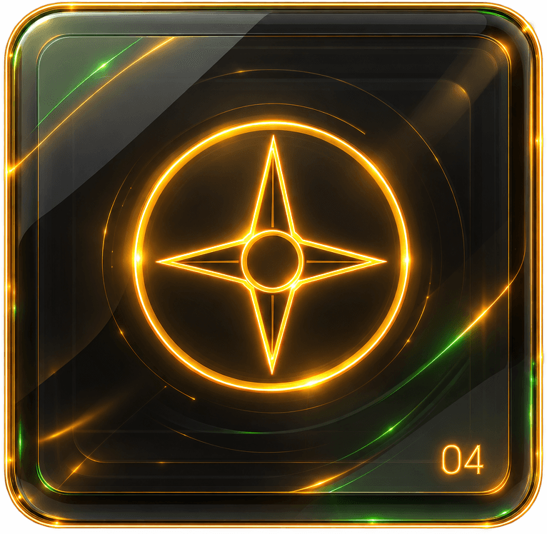 Move 04: a dark glass tile with a compass drawn in gold light