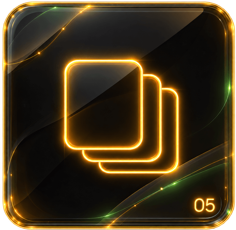 Move 05: a dark glass tile with stacked cards drawn in gold light