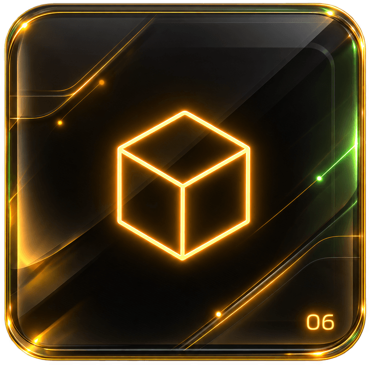 Move 06: a dark glass tile with a cube drawn in gold light