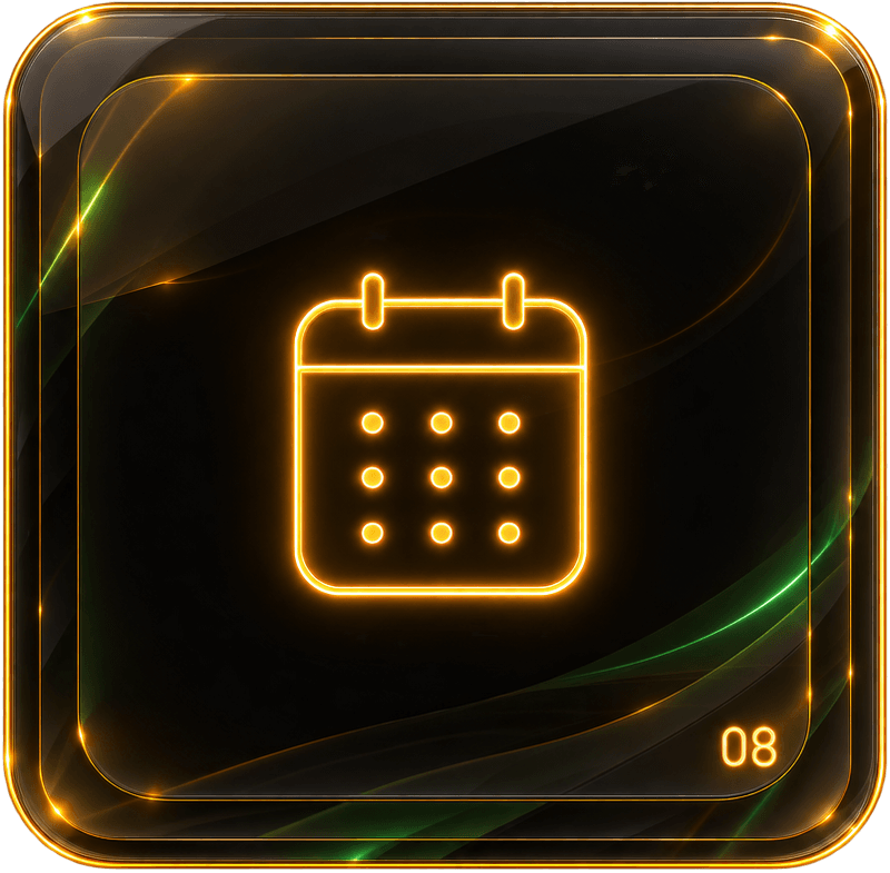 Move 08: a dark glass tile with a calendar block drawn in gold light