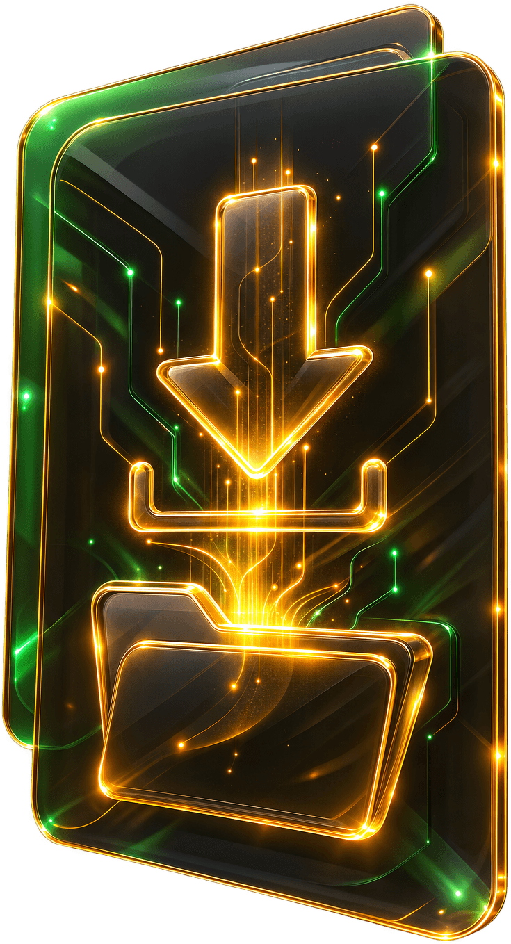 A glass pane with a gold download arrow descending into a glowing folder