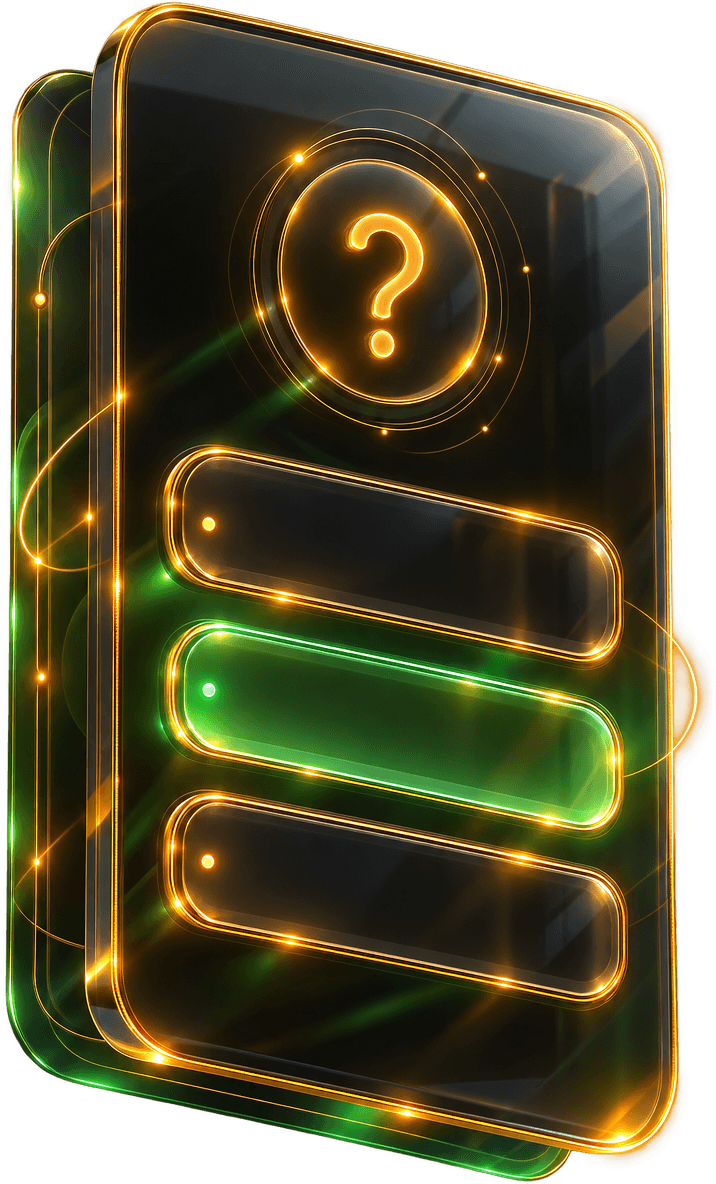 A glass pane with a short form of three glowing fields and a question mark