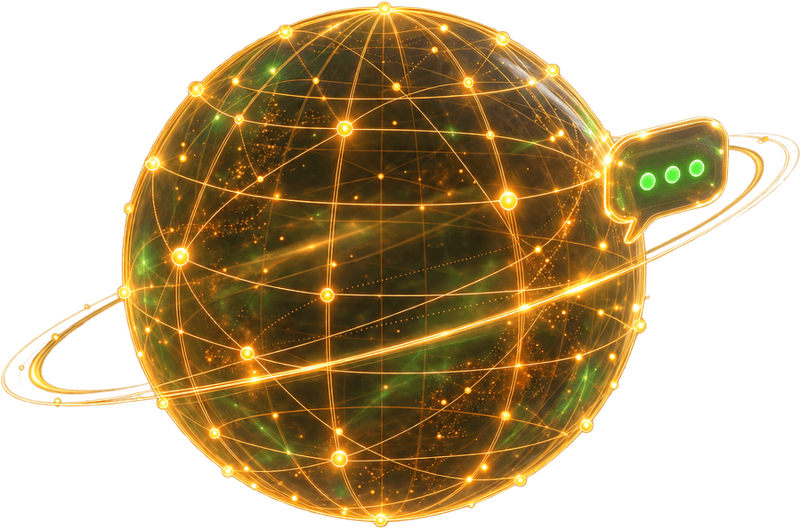 A globe of gold light lines and nodes with a small chat bubble orbiting it