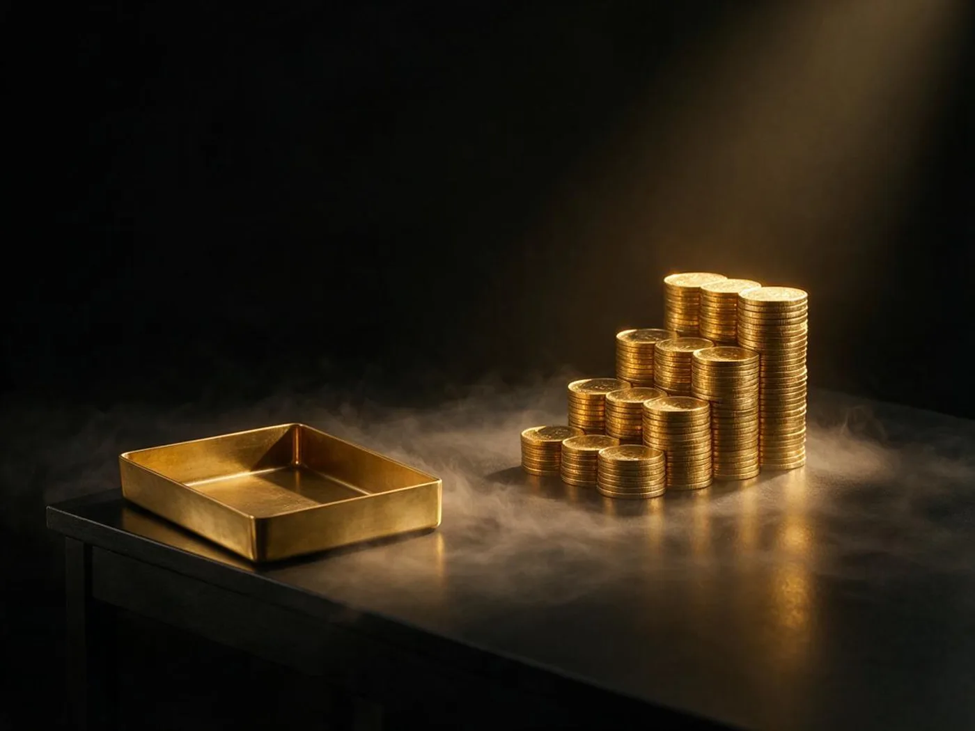 An empty brass invoice tray next to a staircase of gold coins rising step by step, on a black desk