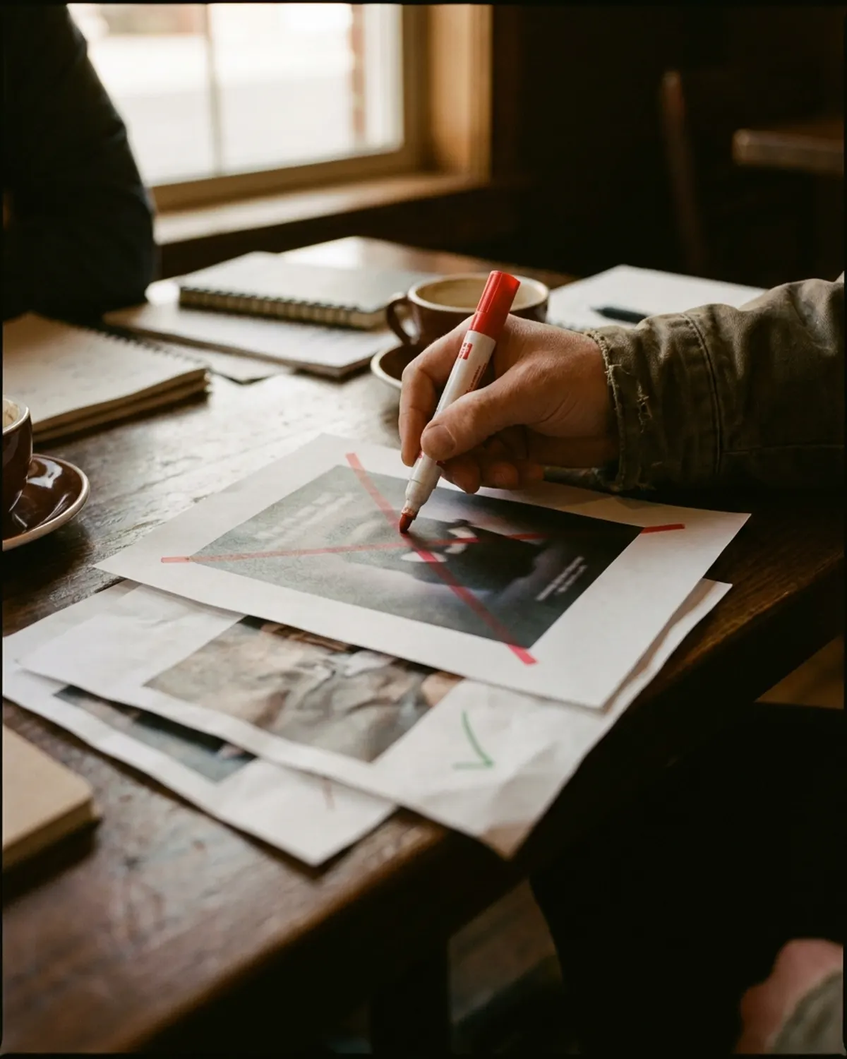 A hand crossing out a printed ad concept with a red marker