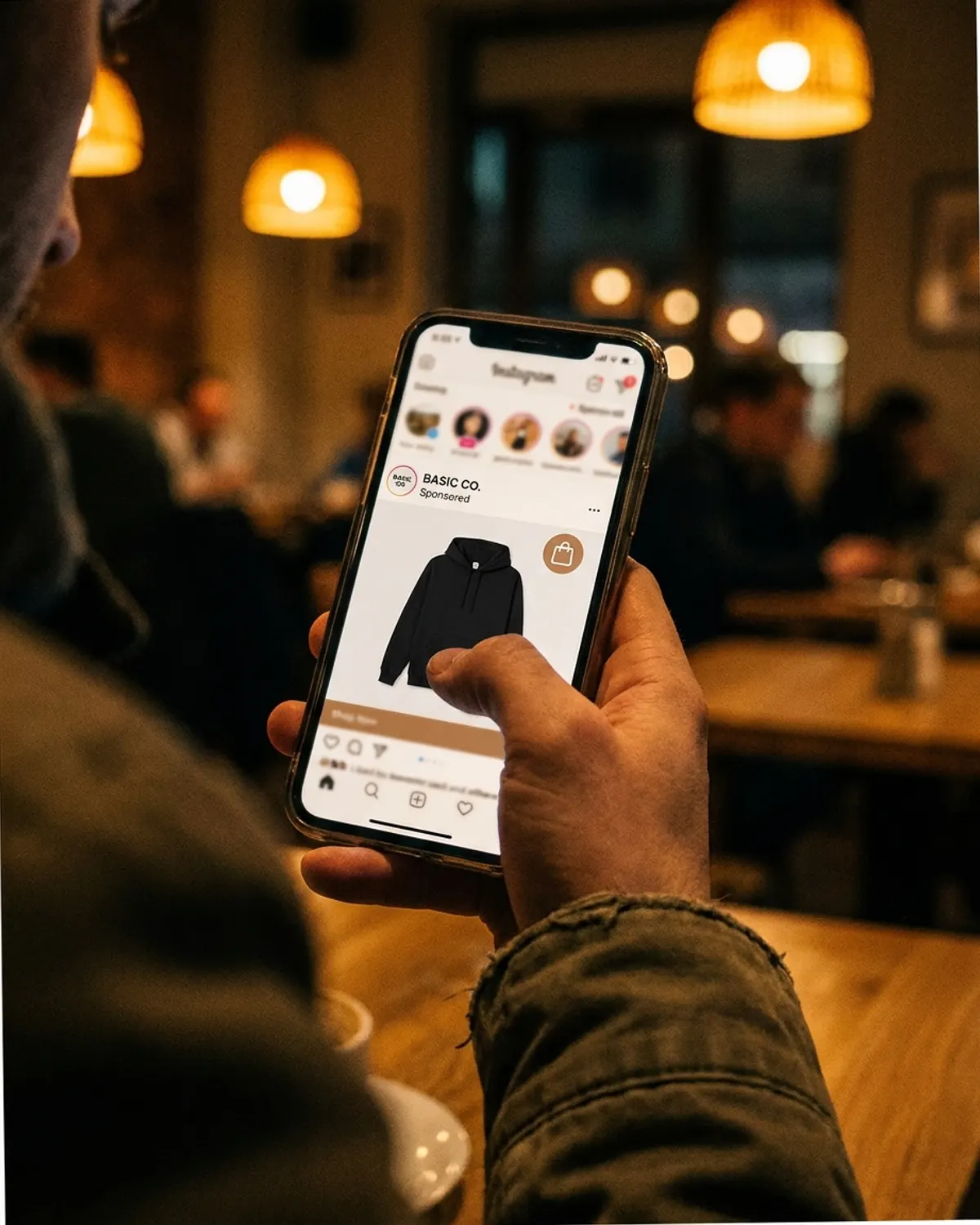 A hand holding a phone showing an ad in a social feed
