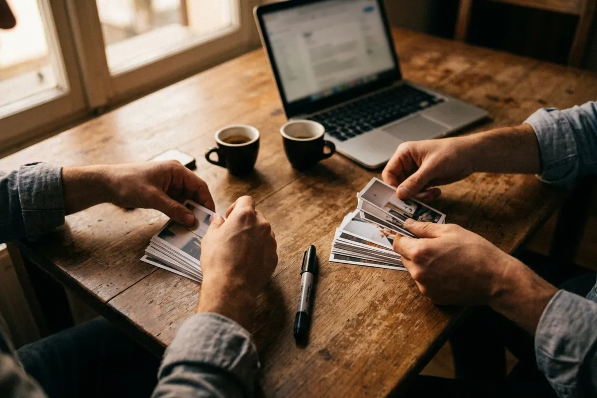 Two pairs of hands sorting printed ad concepts into piles on a wooden table
