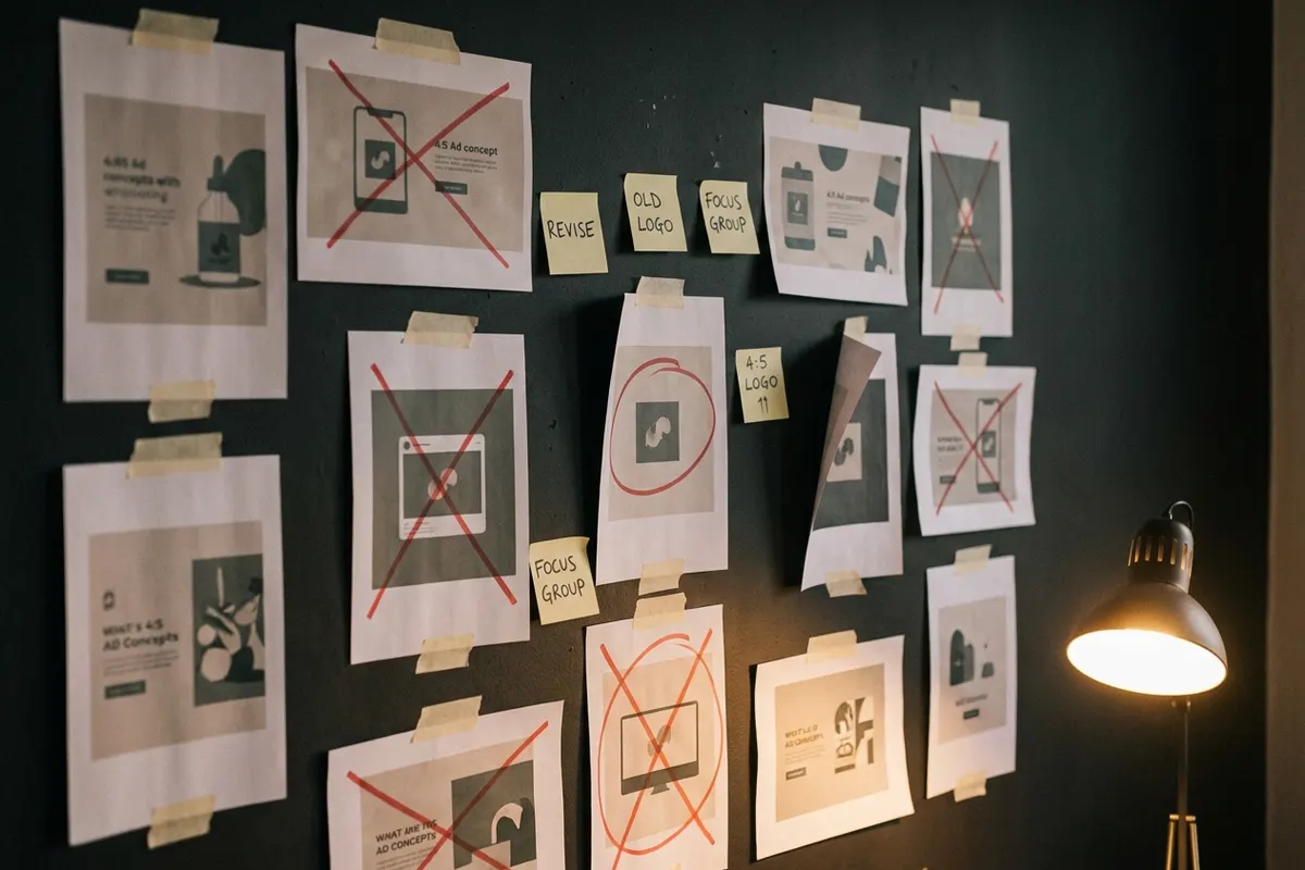 Printed ad concepts taped on a dark wall, some crossed out with red marker, sticky notes between them