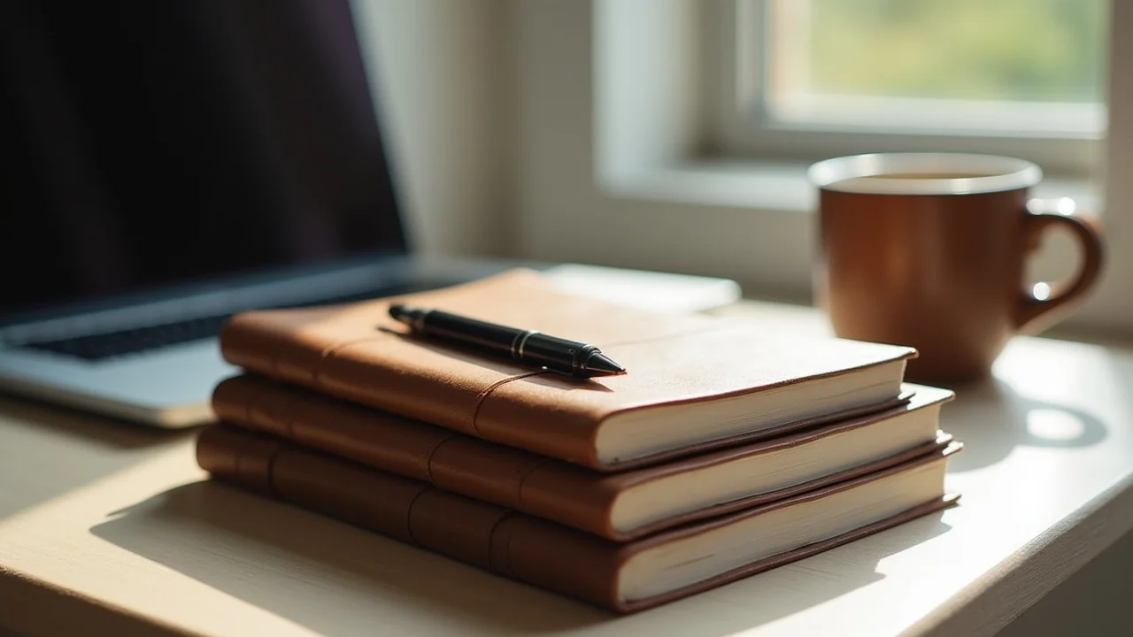 A stack of leather-bound journal notebooks beside an open laptop in soft morning light