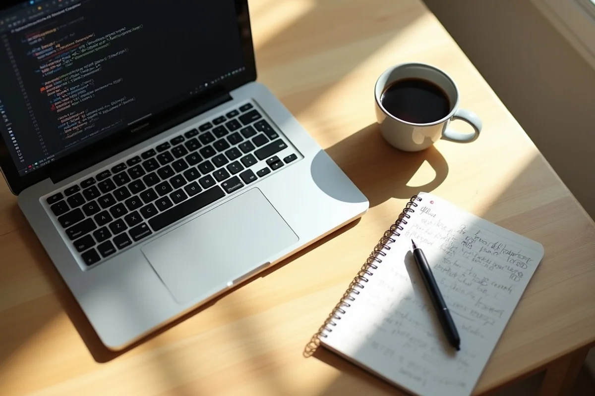 Overhead view of a clean wooden desk with a laptop, a notebook with handwritten notes, and a black coffee in morning sunlight