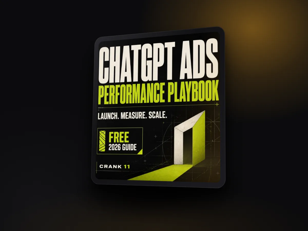 The ChatGPT Ads Performance Playbook, free 2026 guide by CRANK 11, shown on a tablet