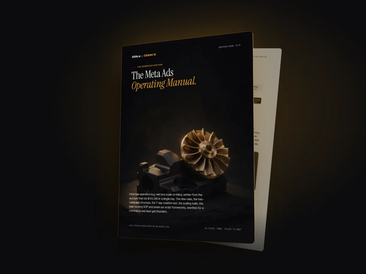 The Meta Ads Operating Manual, a dark hardcover with a brass turbine on the cover